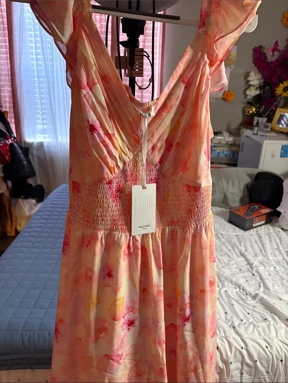 Grace Karin Pink Floral Ruffle-Hem Sundress